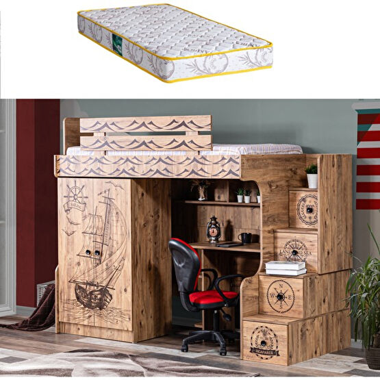 Setay Ranza , Kaptan Ranza Çalışma Masası Dolap Takımı + 1 Adet Comfort Yatak - 90 x 190 cm - Ceviz Ranza Fiyatı