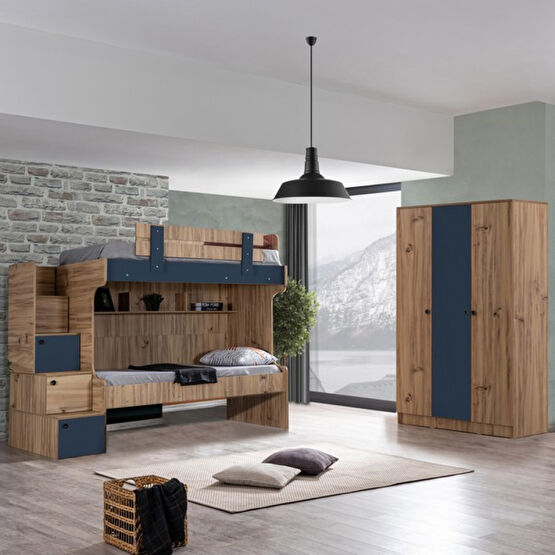 Setay Ranza, Riva Merdivenli 2 Li Ranza Karyola + 3 Kapaklı Dolap - 90 x 190 cm - Lacivert Ranza Fiyatı
