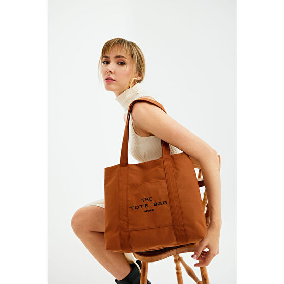 SHAKA Kiremit U46 Çıt Çıt Kapatmalı Ön Cep Detaylı Tote Bag Işlemeli Kanvas Kadın Kol Ve Omuz Çantası U:30