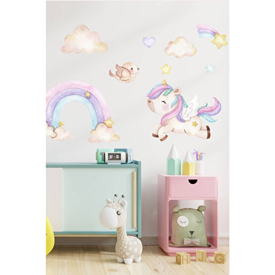 Sim Tasarım Pastel Unicorn - Gökkuşağı Kuşlar Ve Kalpler Duvar Sticker Seti - Sim756 115 x 60 Beden Duvar Stickerı Fiyatı