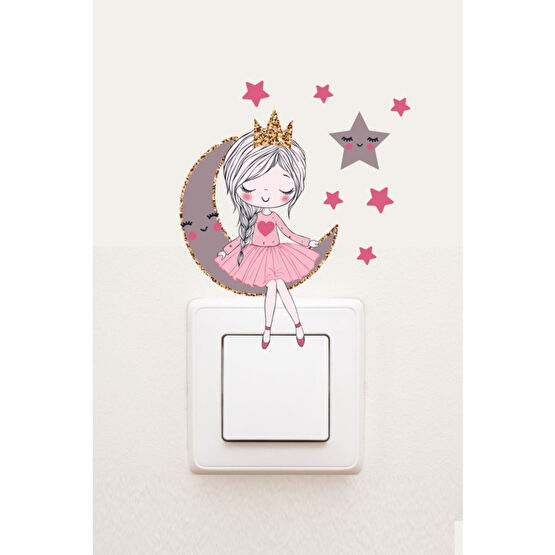 Sim Tasarım - Priz- Ayda Oturan Sevimli Kız Çocuk Odası Dekor Priz Sticker Duvar Stickerı Fiyatı