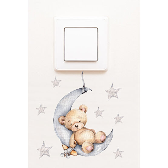 Sim Tasarım Priz - Gri Uykucu Ayıcık Dekoratif Priz Sticker 15 x 15 Beden Duvar Stickerı Fiyatı