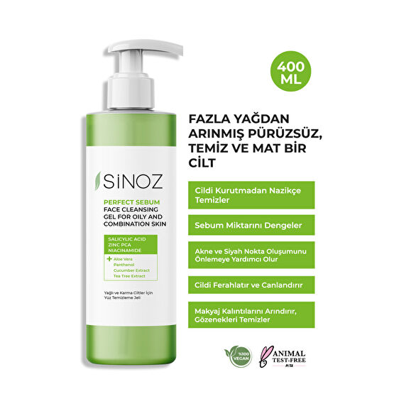 SİNOZ Perfect Sebum Dengeleyici Yüz Temizleme Jeli 400 ml Yağlı Karma Ciltler Için
