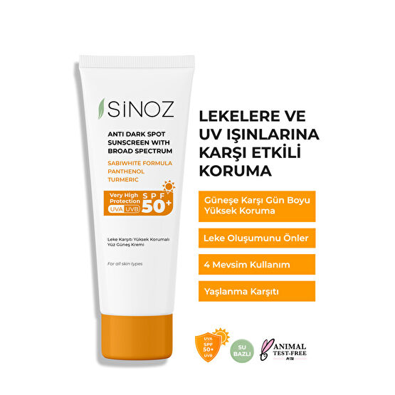 SİNOZ Spf 50 Leke Karşıtı Yüksek Koruyucu Yüz Güneş Kremi 50 ml Normal Ve Kuru Ciltler Için