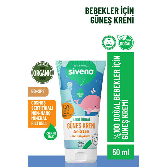 Siveno %100 Doğal Bebek Güneş Kremi Leke Karşıtı Antioksidan Nemlendirici Bitkisel Vegan UVA UVB SPF50