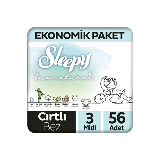 Sleepy Bio Natural Ekonomik Paket Bebek Bezi 3 Numara Midi 56 Adet