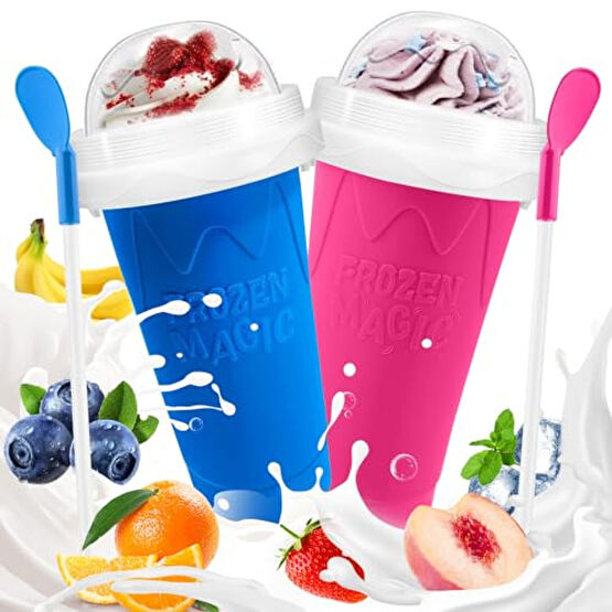Slushie Cup, 2 Pack Slushy Maker Cup, Frozen Magic Squeeze Cups for Juice Milk Yogurt Ice Cream Make, DIY Smoothie Cooling Cup with Lid & Straw for Kids Friends Family (Blue+Pink) Dondurma Makinesi Fiyatı