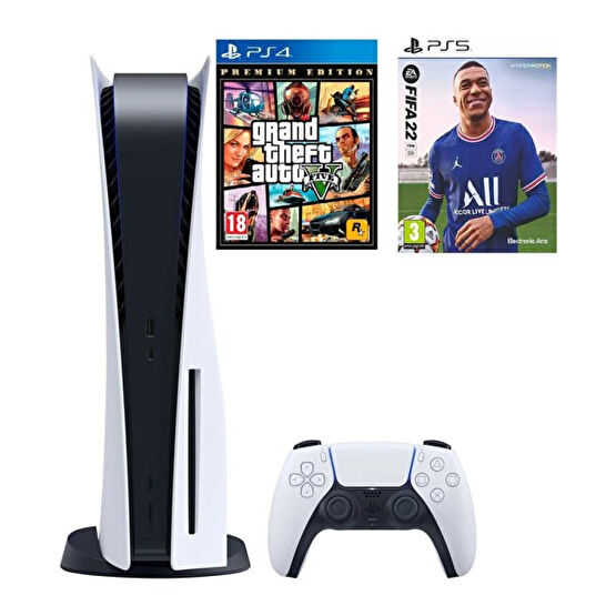 Sony Playstation 5 Diskli Versiyon 825 GB Oyun Konsolu + Fifa 22 PS5 Oyun + Gta V PS4 Oyun (İthalatçı Garantili) Playstation Oyun Konsolu Fiyatı