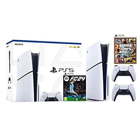 Sony Playstation 5 Slim CD Edition - 2. Dualsense Ps5 Kol - Fifa FC 24 - GTA 5 Oyun Konsolu (İthalatçı Garantili) Playstation Oyun Konsolu Fiyatı