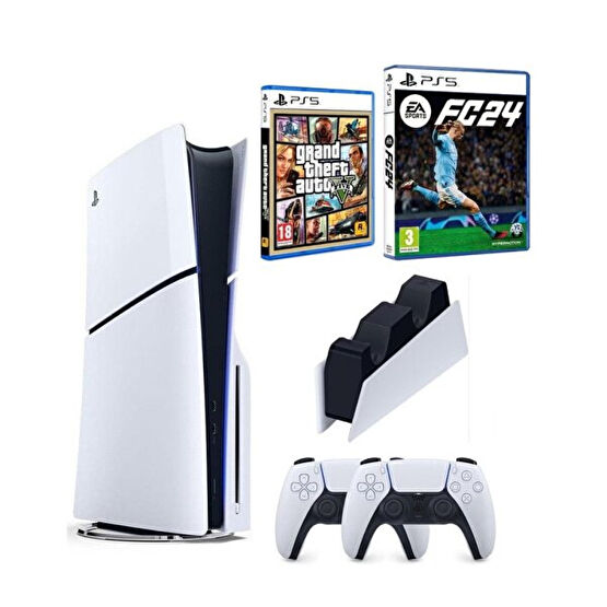Sony Playstation 5 Slim CD Edition - 2. Dualsense Ps5 Kol - Şarj İstasyonu - Fifa FC 24 + GTA 5 Oyun Konsolu (İthalatçı Garantili) Playstation Oyun Konsolu Fiyatı
