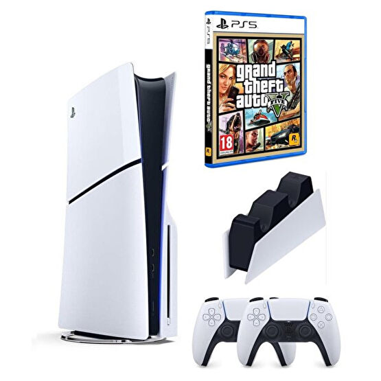 Sony Playstation 5 Slim CD Edition - 2. Dualsense Ps5 Kol - Şarj İstasyonu - GTA 5 Oyun Konsolu (İthalatçı Garantili) Playstation Oyun Konsolu Fiyatı