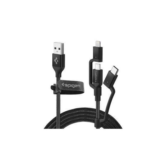 Spigen 000CB22774 C10İ3 Black Essential 3 in 1 Lightning + USB-C + Micro USB Dayanıklı Naylon Örgü Hızlı Şarj ve Data Kablo