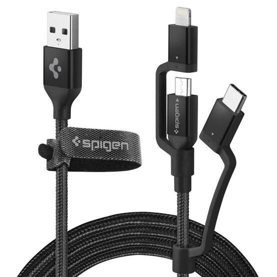 Spigen 000CB22774 C10İ3 Black Essential 3 in 1 Lightning + USB-C + Micro USB Dayanıklı Naylon Örgü Hızlı Şarj ve Data Kablo