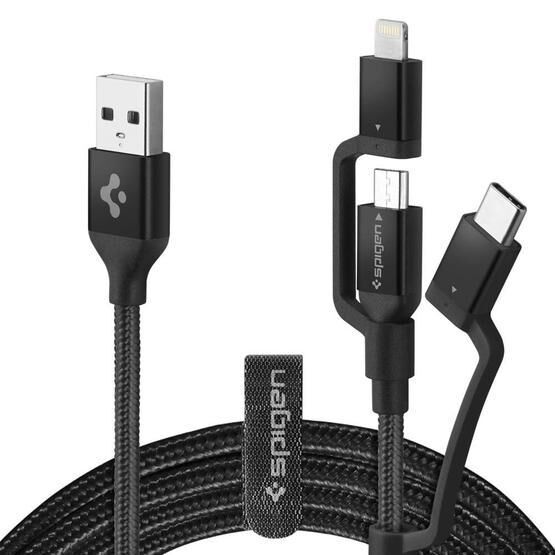 Spigen 000CB22774 C10İ3 Black Essential 3 in 1 Lightning + USB-C + Micro USB Dayanıklı Naylon Örgü Hızlı Şarj ve Data Kablo