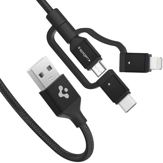 Spigen 000CB22774 C10İ3 Black Essential 3 in 1 Lightning + USB-C + Micro USB Dayanıklı Naylon Örgü Hızlı Şarj ve Data Kablo
