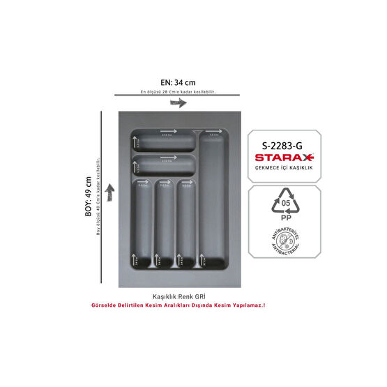 STARAX S-2283-g Çekmece Içi Plastik Kaşıklık Gri En:34-28 D:49-40 Cm Arası Kesilir 6 Göz Mutfak Gereçleri Fiyatı