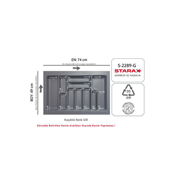 STARAX S-2289-g Çekmece Içi Plastik Kaşıklık Gri En:74-68 D:49-40 Cm 10 Göz Mutfak Gereçleri Fiyatı