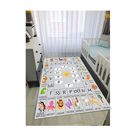STY Home Öğretici Ingilizce Çocuk Oyun Halısı Kaymaz Makinede Yıkanabilir Eğitici Bebek Ve Çocuk Odası Halısı 120 x 180 Beden Bebek Odası Halı Fiyatı