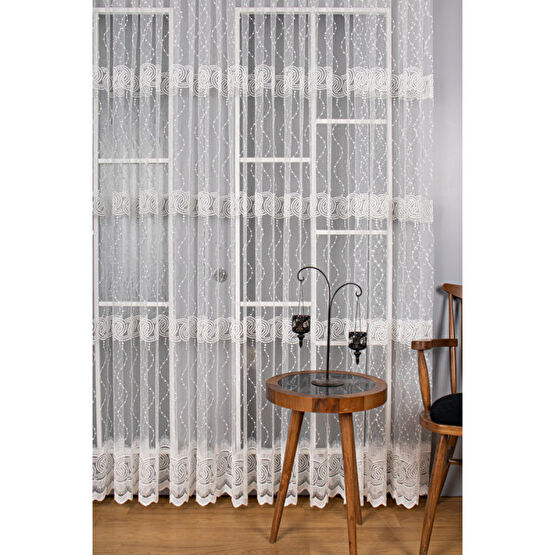 Su Yolu Desen Brode Nakış Işlemeli Tül Perde (1/2.5 Normal Pile ) - 50 x 250 cm - Ekru Tül Perde Fiyatı