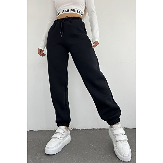 Sun Victoria Kadın Siyah Kışlık Kalın Içi Polarlı Yüksek Bel Paçası Lastikli Basic Jogger Eşofman Altı 3XL Beden