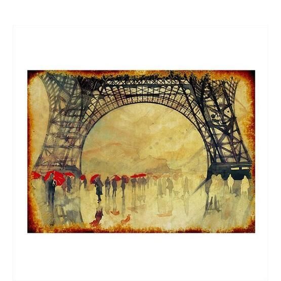 Tablomega Eyfel Kulesi Ve Kırmızı Şemsiyeli İnsanlar 50x70 cm Ahşap Tablo