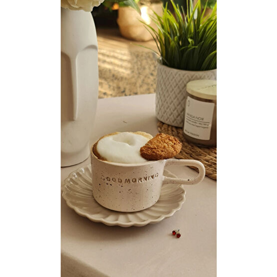 TERRACO El Yapımı Seramik Kahve Kupası Good Morning Beyaz Dokulu Kupa Fiyatı