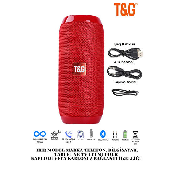 TG T&g 117 Bluetooth Hoparlör Kablosuz Taşınabilir Ses Bombası Extra Bass Kırmızı Bluetooth Hoparlör Fiyatı