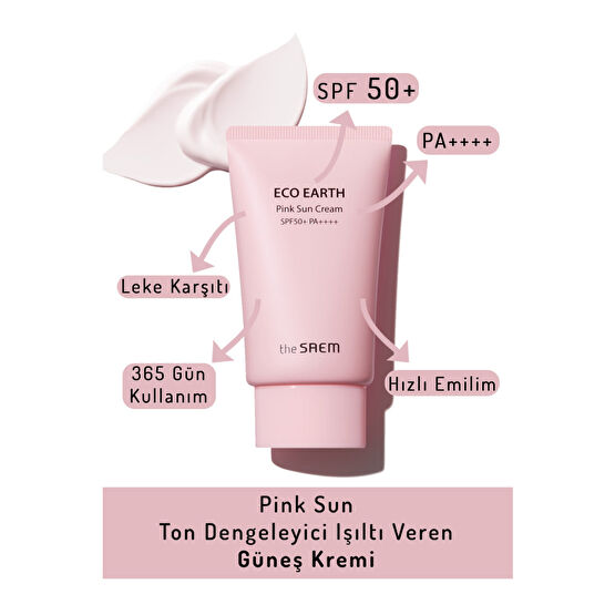 THE SAEM Ton Dengeleyici Işıltı Veren Güneş Kremi 50 gr - Eco Earth Pink Sun Cream SPF 50+ ve PA++++ Güneş Kremleri ve Losyonları Fiyatı