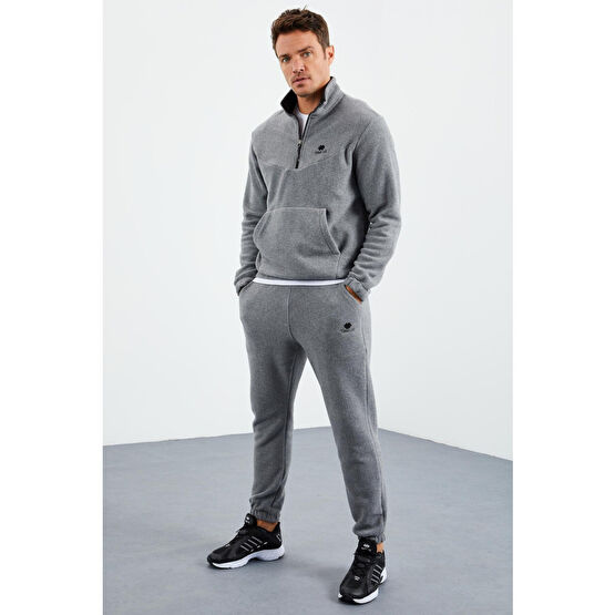 TOMMY LIFE Gri Melanj Erkek Yarım Fermuar Dik Yaka Lastik Paça Polar Eşofman Takımı - 85159 XL Beden