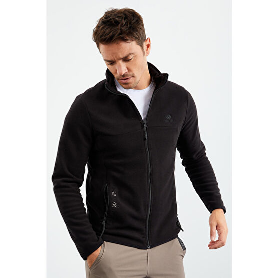 TOMMY LIFE Siyah Erkek Yazı Nakışlı Dik Yaka Fermuarlı Standart Kalıp Sweatshirt Polar - 87992 L Beden