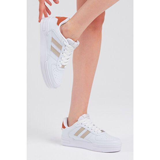 Tonny Black Unisex Beyaz Bej Yanı Çizgili Bağcıklı Rahat Kalıp Sneaker 37 Beden