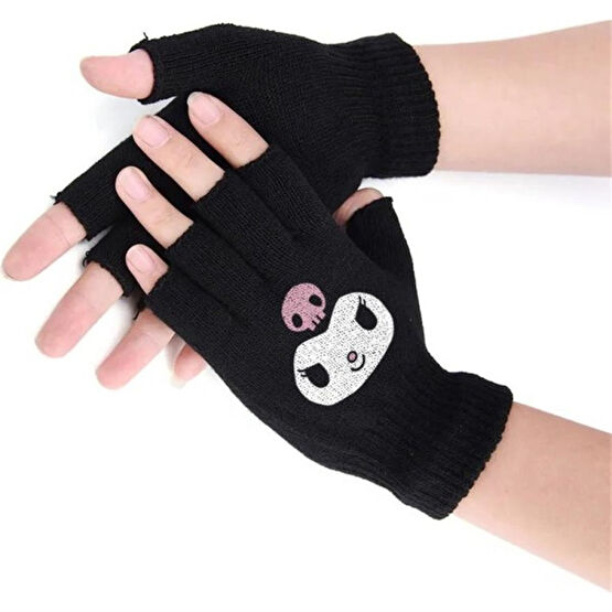 Touz Moda Kuromi Face Baskılı Unisex Siyah Kesik Çift Eldiven Kadın Eldiveni Fiyatı