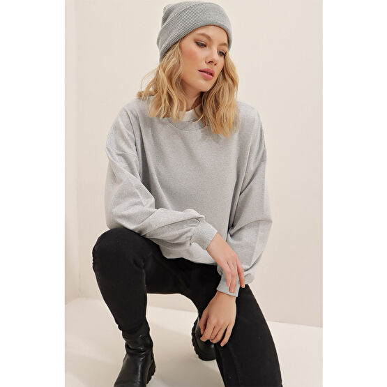Trend Alaçatı Stili Kadın Gri Bisiklet Yaka Oversize Basic Sweatshirt L Beden Bayan Sweatshirt Fiyatı