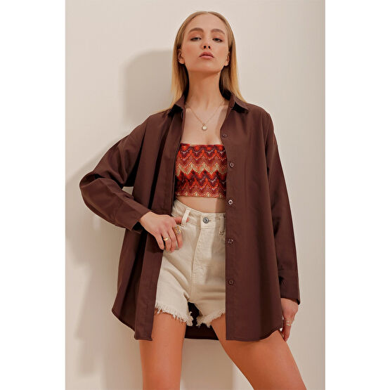 Trend Alaçatı Stili Kadın Kahve Oversize Uzun Dokuma Gömlek S Beden Kadın Gömlek Fiyatı