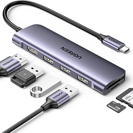Ugreen Type-C To 4K 30Hz Hdmı 3xUsb 3.0 SD TF Kart Okuyucu Hub Çevirici Adaptör USB & Firewire Ürünleri Fiyatı
