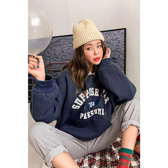 uyguntarz Kadın Lacivert Suppose Baskılı Oversize Sweatshirt L Beden