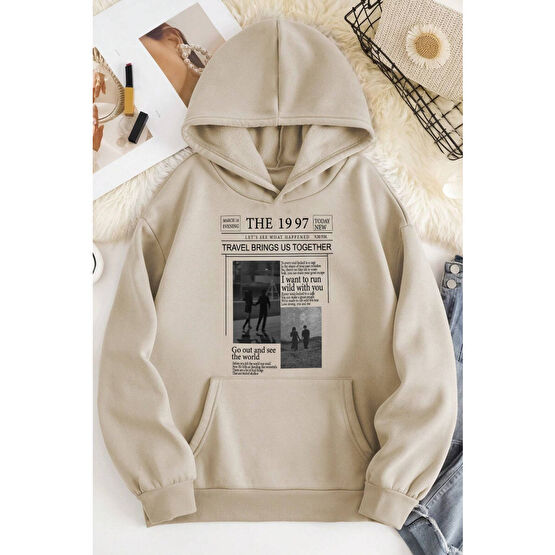 uyguntarz Unisex Bej Oversize Kapüşonlu Sweatshirt XL Beden