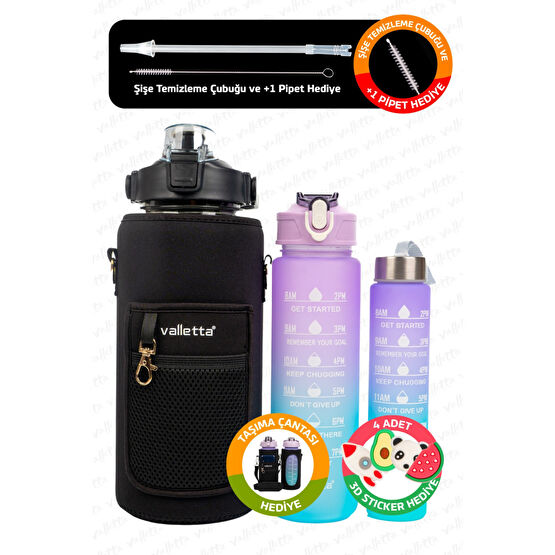 valletta Figo 3lü Set Bpa Içermez Motivasyonel Su Matarası 2.000ml-750m-300mlsiyah Su Matarası Matara Fiyatı