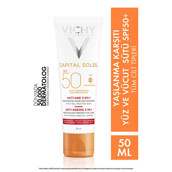 Vichy Capital Soleil Yüksek Korumalı 3ü1 Arada Yaşlanma Karşıtı Yüz Güneş Kremi Spf 50 (UVA UVB) 50 ml