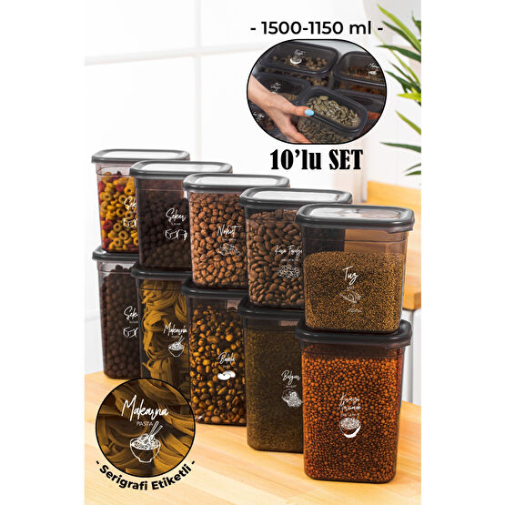Vienev Beyaz Serigrafi Etiketli 10lu Peggy Dikdörtgen Saklama Kabı Seti 5x(1500-1150 Ml) Antrasit Saklama Kapları Fiyatı