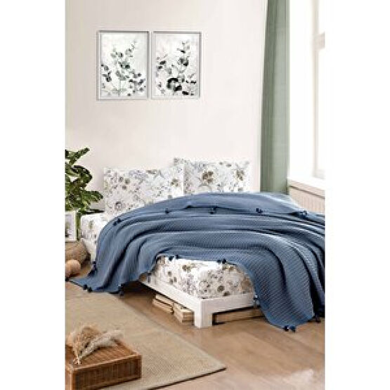 Vionel Home %100 Pamuklu Çift Kişilik Pike, Waffle Desen, Ponponlu Pike İndigo-Gri Pike & Pike Takımı Fiyatı