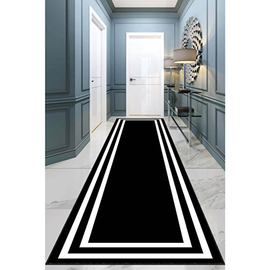 Viva Home Kaymaz Taban Dijital Baskılı Yolluk Siyah Beyaz Çerçeveli Ar307 160 x 490 Beden