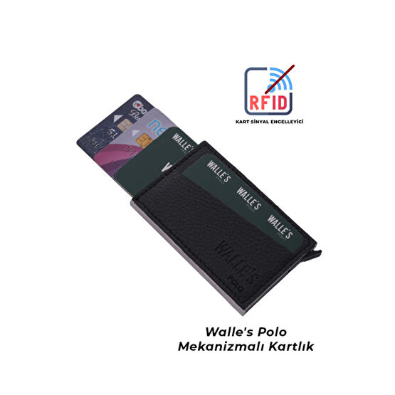 Walles Polo Unisex Siyah Deri Rfid Korumalı Otomatik Alüminyum Mekanizmalı Kartlık Unisex Kartlık Fiyatı