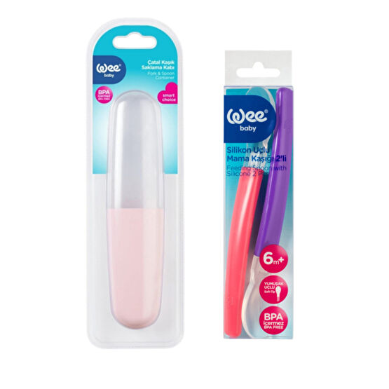 Wee Baby Çatal Kaşık Saklama Kabı + Silikon Mama Kaşığı 2 li Set