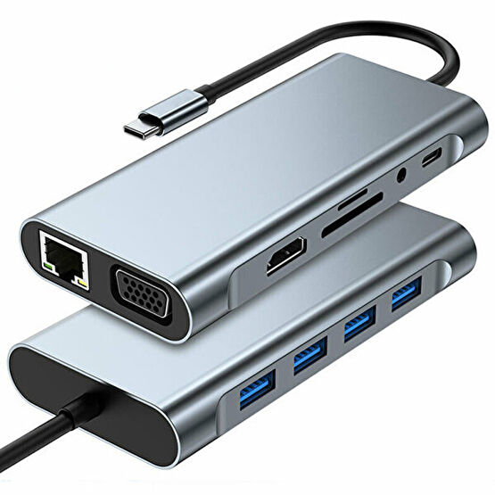 Winex 11in1 Hub Type-C to 4K Hdmi/Usb-A 3.0/Tf Sd/Vga/3.5Mm Aux/Pd Şarj/RJ45 Ethernet Dönüştürücü Adaptör Bilgisayar Çevirici ve Adaptörü Fiyatı