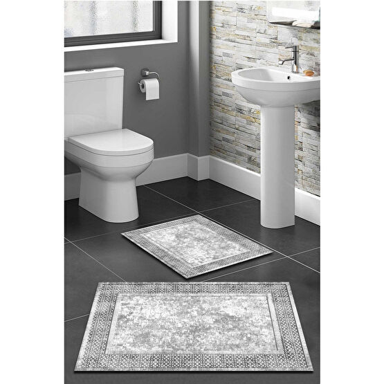 WOOLLY HOME COLLECTİON Etnik Desenli Gri 2li Halı Takımı (60x100/40x60) - Wlly1146