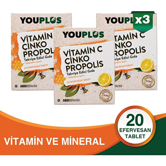 Youplus Vitamin C, Çinko & Propolis 20 Efervesan Tablet 3 Adet - Abdi İbrahim Sağlık / Diyet Fiyatı