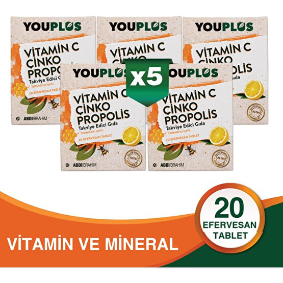 Youplus Vitamin C, Çinko & Propolis 20 Efervesan Tablet 5 Adet - Abdi İbrahim Sağlık / Diyet Fiyatı