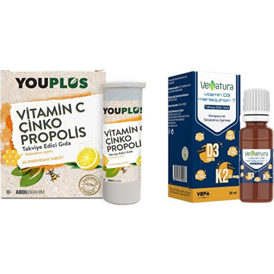 Youplus Vitamin C Çinko Propolis 20 Efervesan Tablet ve Venatura Vitamin D3 ve K2 20ML Damla Sağlık / Diyet Fiyatı