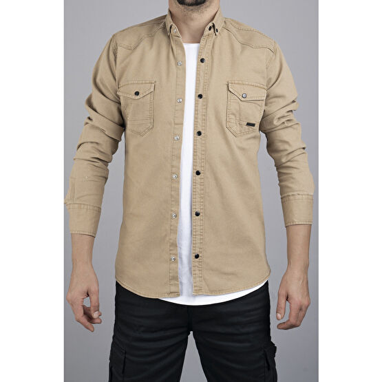 YXC Slim Fit Erkek Kot Gömlek Bej XL Beden